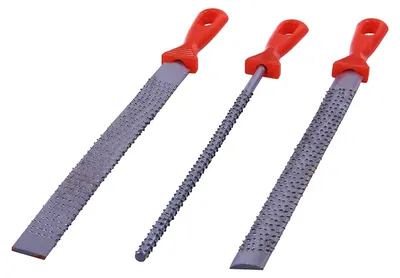 Produktbild von Feile Raspel Feilenset - 200 mm - Kohlenstoffstahl - Mit Aufbewahrungstasche - 3-teilig - Flach, Rund und Halbrund