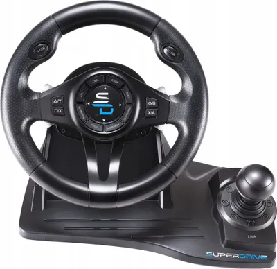 A black gaming steering wheel and pedals set on a white background.