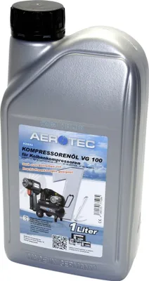 A silver bottle of compressor oil with a black cap, placed on a white background. The label on the bottle shows product information and an image of a compressor.