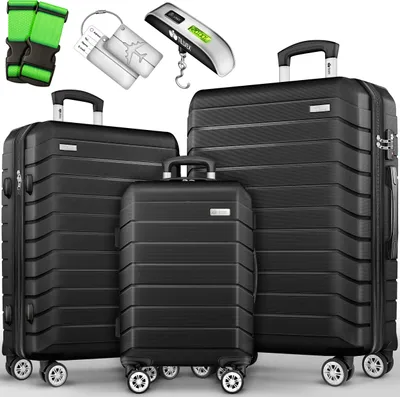 Produktbild von tillvex® Reisekoffer Set 3-TLG. + Gepäckwaage, 6X Koffergurte & 3X Kofferanhänger | Kofferset 4 Rollen | Trolley Gepäck Koffer TSA Schloss | Rollkoffer Hartschalenkofferset S-M-L-XL (Schwarz)