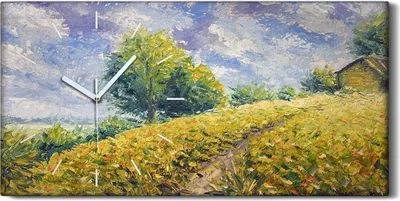 Produktbild von Küchenuhr Bürouhr Leinwand Uhr 60x30 Malerei Hügel Wiese Bäume Himmel Wolken - weiße Hände