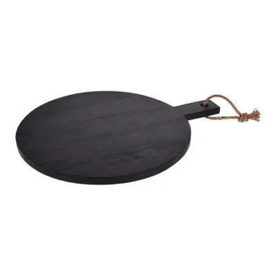 Produktbild von Schneidebrett Schwarz mit Griff Rund Ø 40 cm aus Gummibaumholz Servierbrett Holz Pizzabrett Holzbrett