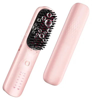 Image de Brosse de coiffure 2 en 1 : lisseur et boucleur. Sans fil. USB-C. Céramique et tourmaline. Jusqu'à 220 °C. Rose