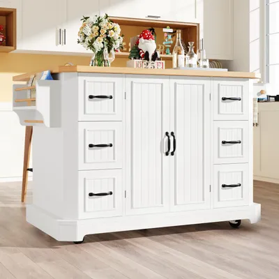 Obrázek produktu pro Kuchyňský vozík Flieks se 2 dvířky a 6 zásuvkami, mobilní kuchyňský ostrůvek, kuchyňská skříňka 120 x 45 (75) x 91 cm, bílá