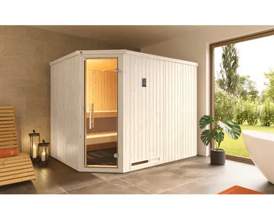 Produktbild von Elementsauna Weka Varberg 4 inkl. 7,5 kW Ofen u.digitaler Steuerung mit graphitfarbiger Ganzglastüre