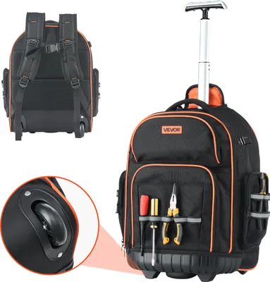 Immagine prodotto di Zaino porta attrezzi VEVOR con ruote, portata 50 kg, 45 tasche, borsa porta attrezzi, manico telescopico regolabile e base stabile, zaino organizzatore da lavoro per edilizia e meccanica, 440x250x480 mm
