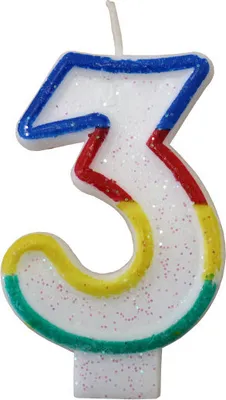 Produktbild von Tortenkerze, Zahlenkerze "3" Bunt glitzernd mit Halter für Geburtstagstorte, Jubiläum, Hochzeit