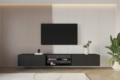 Produktbild von ALTDECOR TV-Schrank NOA-2-W mit Gefrästen Fronten 3x100x40x40 Lowboard hängend, TV Möbel, TV Cabinet, Fernsehtisch, Fernsehschrank, TV Kommode, TV Tisch, TV Sideboard, TV Board - Schwarz