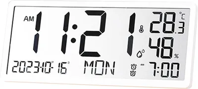 A digital clock displaying the time, date, temperature, and humidity.