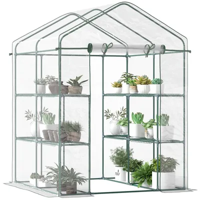 Produktbild von Outsunny 3-stöckiges Gartengewächshaus mit Regalen, Balkongewächshaus, verstärkte Abdeckung, Stahlrahmen, aufrollbare Tür mit Reißverschluss, für Gemüse, Pflanzen und Blumen, für drinnen und draußen, 143 x 143 x 195 cm, Grün