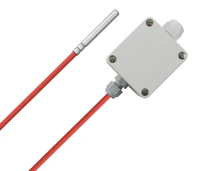 Productafbeelding van PT1000 temperatuur-meetomvormer met siliconen aansluitkabel en instelbaar meetbereik