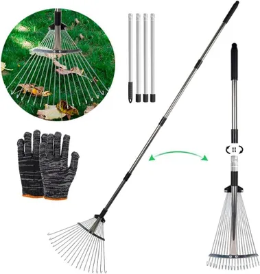 Obrázok produktu pre Hrable na listy Nastaviteľné 215 cm, Kovový metla, Vrátane rukavíc, Pozinkovaná oceľ, pre záhradu