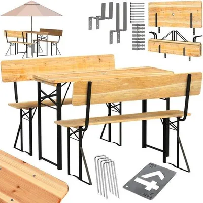 Produktbild von Famanu Biertafel Biertafel mit Bänken - 117x45,5x75 cm - Klappbar - Parasolhalter - Für Innen und Außen - Kiefernholz