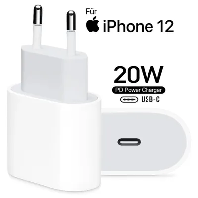 A white Apple 20W USB-C power adapter charger for an iPhone 12 is shown on a white background with marketing text.