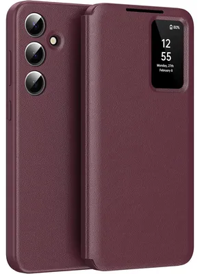 Obrázek produktu pro Kožené flipové pouzdro pro Samsung Galaxy S23 FE, obal s funkcí Smart View okna a přihrádkou na karty Červený