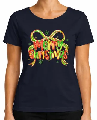 Produktbild von Merry Christmas Glitzer Schleife Schneeflocken Weihnachten Winter Damen T-Shirt, Navy, XXL