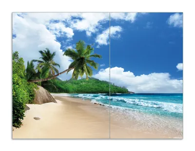 Produktbild von Wallario Herdabdeckplatte aus Glas, Größe 70 x 52 cm 2-teilig, Motiv Urlaub auf den Seychellen unter Palmen am Sandstrand
