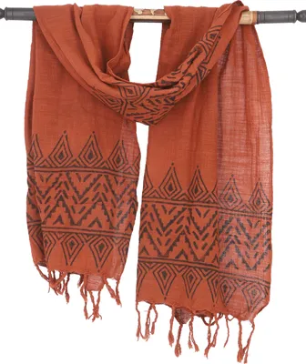 Produktbild von Handgewebtes Baumwolltuch mit Tribalmuster, Blockdruck Webschal - Rostorange, Uni, Baumwolle, 170*60 cm, Schals