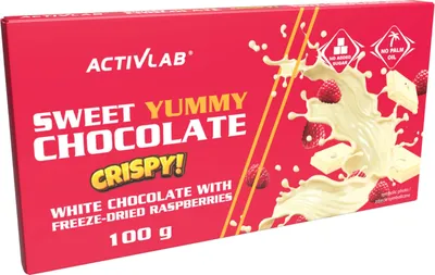 Produktbild von Sweet Yummy Chocolate CRISPY! Weiße Schokolade mit Gefriergetrockneten Himbeeren, Ohne Zucker und Palmöl – 100 g