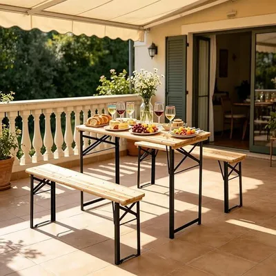 Productafbeelding van Tuinset, inklapbare campingtafel met 2 banken | Inklapbare biertentset, hout en metaal, 120x50x76 cm, draagvermogen 220 kg. Biertafelset voor kamperen