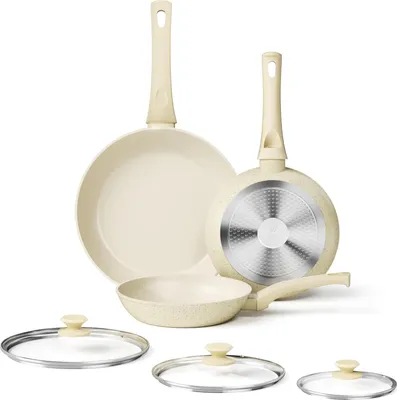 Produktbild von 6-teilige Pfannenset - Antihaftbeschichtung - Induktion - Beige - 20/24/28 cm