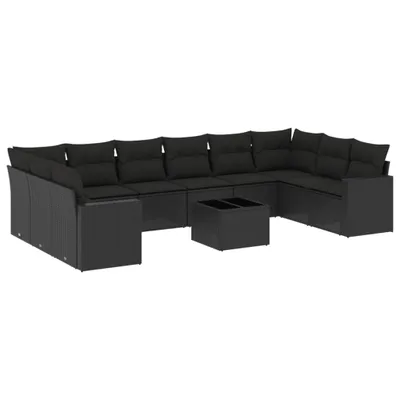 Produktbild von Modulare Garten-Sitzgruppe, 11-tlg. Sofa-Set Schwarz, aus PE-Rattan & pulverbeschichtetem Stahl, mit Hartglas-Tisch und abnehmbaren Kissenbezügen