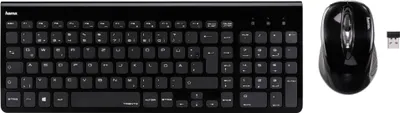 A black wireless keyboard and mouse set with a USB receiver, displayed on a white background.