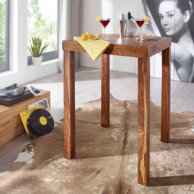 Image de FineBuy Table de bar en bois massif de Sheesham 80 x 80 x 110 cm Table de bistrot moderne style campagnard Table haute carrée marron foncé Produit naturel en bois massif