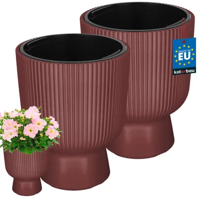 Produktbild von KOTARBAU® 2er Set Blumentopf ⌀ 23cm Orchideentopf Übertopf mit Innentopf Pflanzentopf mit Sockel Geriffelt Kelchform Pflanzkübel aus Kunststoff Marsala