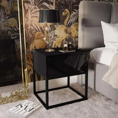 Produktbild von Nachttisch BLANCO LOFT II schwarz Hochglanz auf schwarzem Gestell