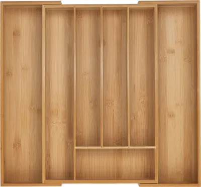 Zdjęcie produktu dla Zestaw na sztućce Relaxdays, 5–7 przegródek, wysuwana wkładka do szuflady na sztućce, wys. x szer. x gł.: 5 x 30,5–50 x 47 cm, bambus, naturalny