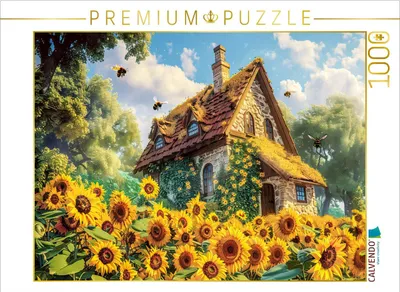 Produktbild von CALVENDO Puzzle Cottage am Sonnenblumenfeld | 1000 Teile Lege-Größe 64x48cm Foto-Puzzle für glückliche Stunden