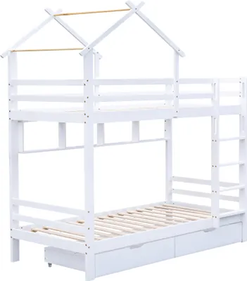 Produktbild von Flieks Etagenbett 90x200cm, Kinderbett mit Leiter und Schubladen, Hochbett mit Lattenrost, Hausbett Massivholzbett mit Rausfallschutz und Regale