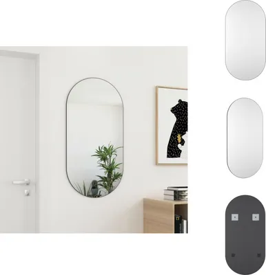 A mirror is shown hanging on a white wall next to a framed picture and a wooden cabinet.