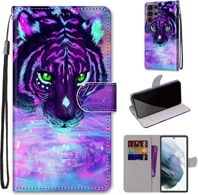 Image de Coque König Design compatible avec le Samsung Galaxy S22 Ultra 5G - Coque de téléphone en similicuir - Motif « Tigre buvant de l'eau »