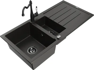 Produktbild von Mexen Andres 1,5-Becken-Granitspüle mit Abtropffläche und Mischbatterie Carla, Schwarz/Gold - 6515-75-670700-70-B