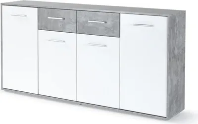 Image de PILVI Buffet bas 4 portes 4 tiroirs - Béton blanc et gris clair - L 162,3 x P 34,2 x H 88,1 cm