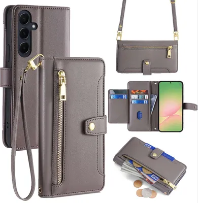 Produktbild von Handykette für Samsung Galaxy A56 Hülle mit Band Handyhülle Kartenfächer Kunstleder Umhängetasche in Grau