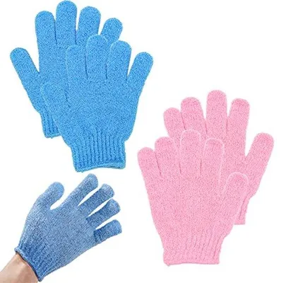 Produktbild von Famanu Peelinghandschuhe für den Körper - 2 Paar Badhandschuhe zum Peeling in Blau und Rosa