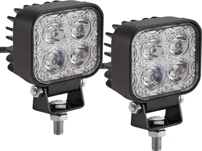 Two square LED work lights with black housings and clear lenses are mounted on black brackets with silver bolts.