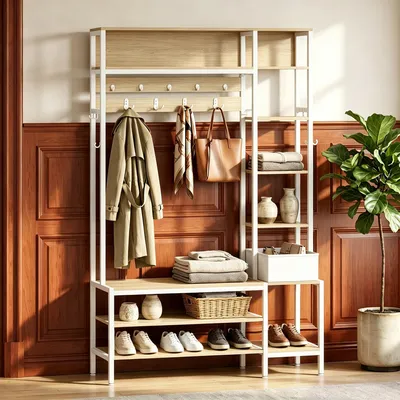Produktbild von Garderobe mit Schuhbank, Garderobe mit 15 Haken weiß und braun