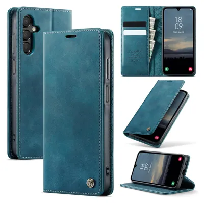 A collage of images showing a teal flip phone case from different angles, including one with a phone inside and cards in the wallet section.