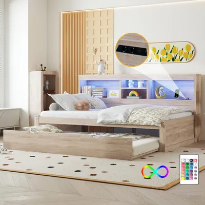 Produktbild von Tagesbett 90x200 cm mit LED-Beleuchtung & Ausziehbett Multifunktionales Schlafsofa Bettgestell mit USB-Steckdosen & Stauraum Holz-Optik Natur