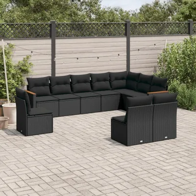 Produktbild von Design 10-tlg. Garten-Sofagarnitur mit Kissen Schwarz Poly Rattan, Gartenmöbel-Sets 2024 Neu