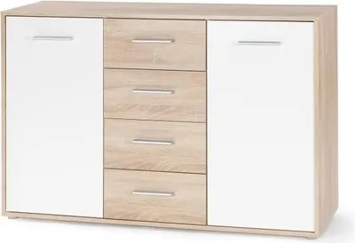 Image de Buffet Bas PILVI, 2 Portes, 4 Tiroirs, Blanc et Chêne Sonoma, L 122,6 cm x P 34,2 cm x H 81,1 cm