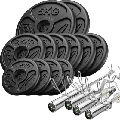 Immagine prodotto di Set 65kg | bilanciere olimpico 180 cm + manubrio leggermente curvo 120 cm + 2x manubrio 50 cm + piastre pesi 2x5kg, 6x2,5kg, 4x1,25kg - Marbo Sport