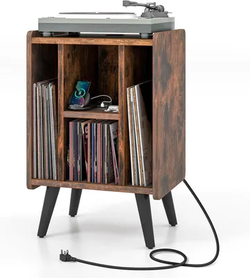 Image de Support pour platine vinyle COSTWAY avec station de chargement, table pour platine vinyle avec 4 étagères ouvertes, support pour disques vinyles 43x34,5x67,5 cm, style vintage