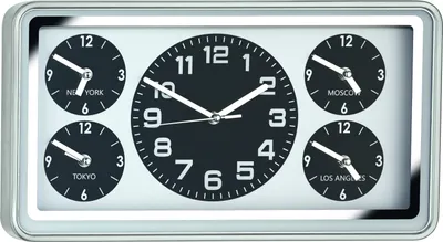 A multi-dial world clock with a silver frame, displaying times for New York, Tokyo, Moscow, and Los Angeles.