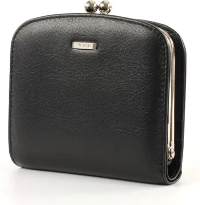 A black leather wallet with a clasp closure.