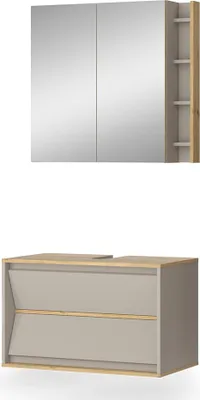 A bathroom vanity set including a medicine cabinet and a vanity base.